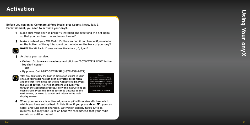 Using y our on yx, Activation | Audiovox ONYX User Manual | Page 26 / 58