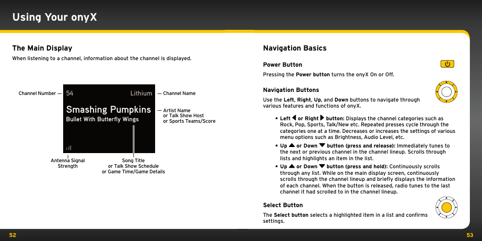 Using your onyx, Smashing pumpkins, The main display | Navigation basics | Audiovox ONYX User Manual | Page 27 / 58