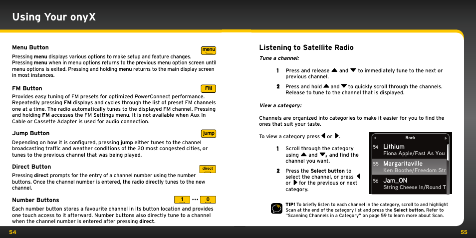 Using your onyx, Listening to satellite radio | Audiovox ONYX User Manual | Page 28 / 58