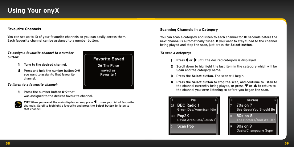 Using your onyx, Favorite saved | Audiovox ONYX User Manual | Page 30 / 58