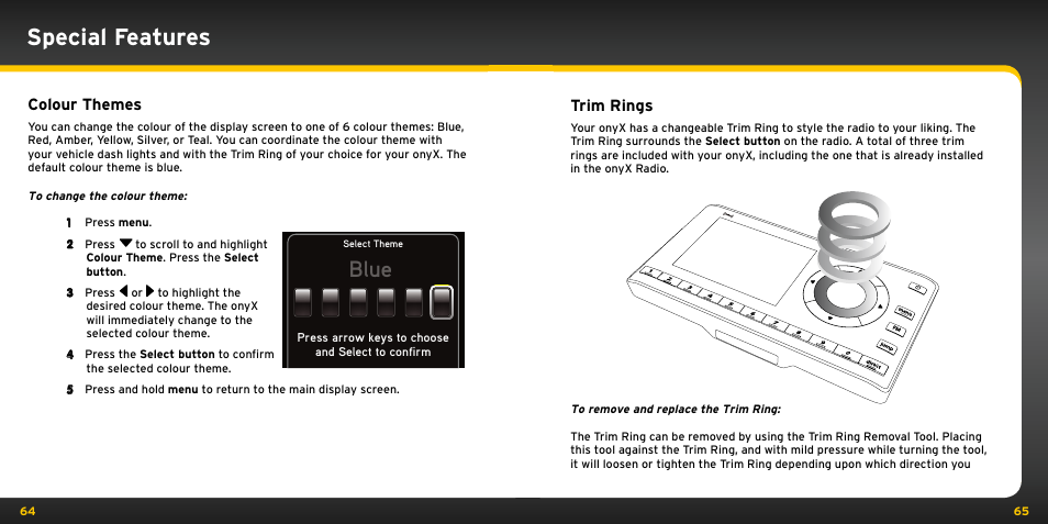 Special features, Blue, Colour themes | Trim rings | Audiovox ONYX User Manual | Page 33 / 58