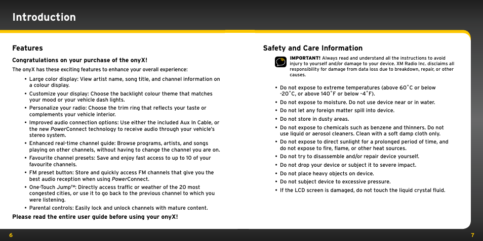 Introduction, Features, Safety and care information | Audiovox ONYX User Manual | Page 4 / 58