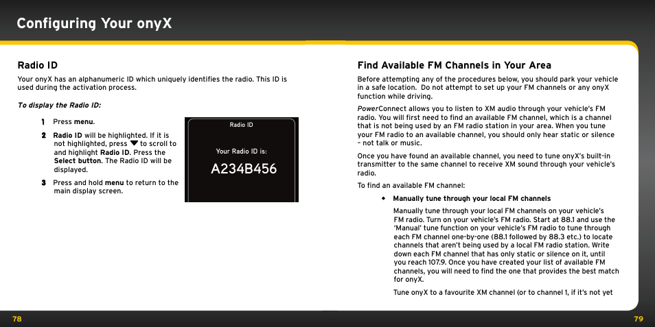Configuring your onyx, Radio id, Find available fm channels in your area | Audiovox ONYX User Manual | Page 40 / 58