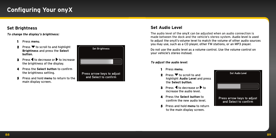 Configuring your onyx, Set brightness, Set audio level | Audiovox ONYX User Manual | Page 45 / 58