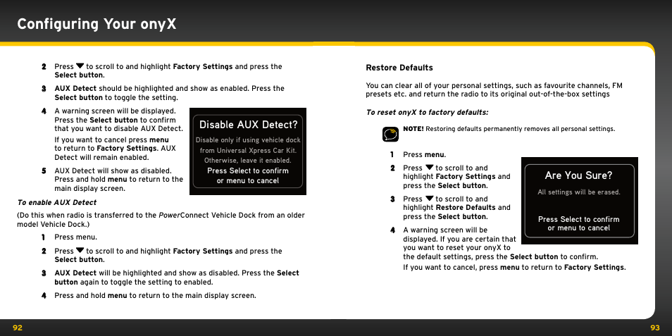 Configuring your onyx, Are you sure, Disable aux detect | Audiovox ONYX User Manual | Page 47 / 58