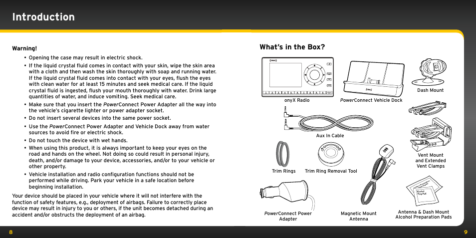 Introduction, What’s in the box, Warning | Audiovox ONYX User Manual | Page 5 / 58