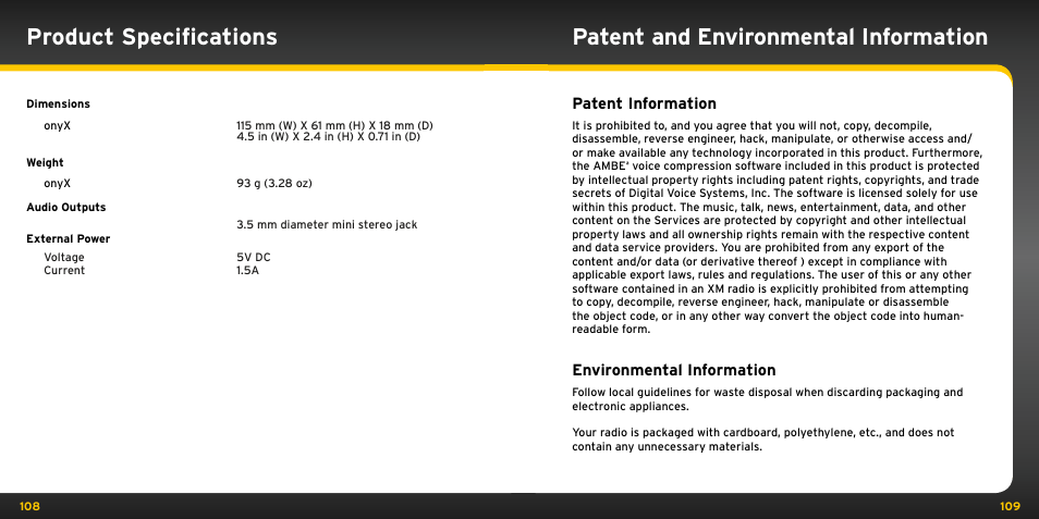 Product specifications, Patent and environmental information, Patent information | Environmental information | Audiovox ONYX User Manual | Page 55 / 58