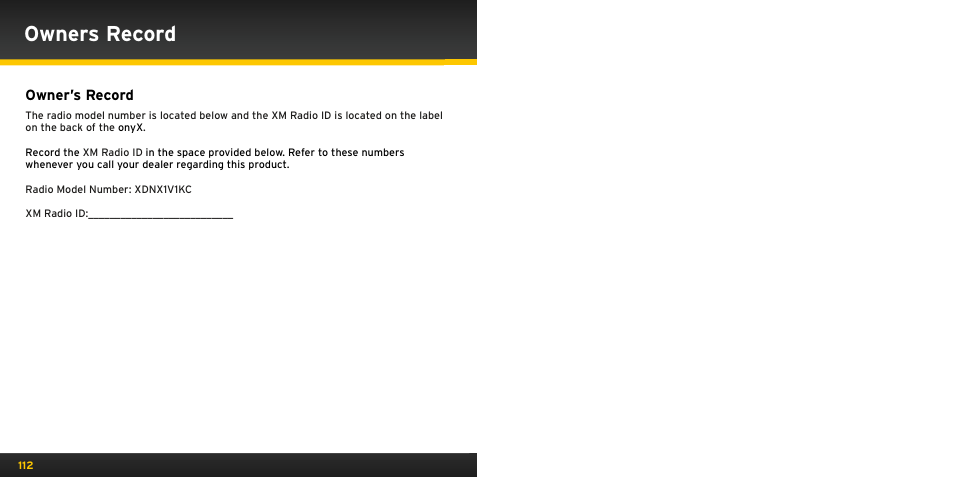 Owners record | Audiovox ONYX User Manual | Page 57 / 58