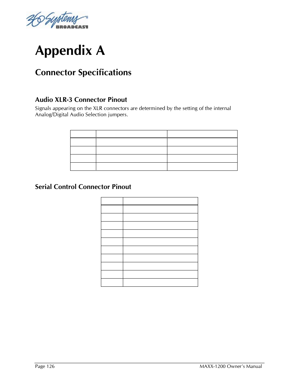 Appendix a, Connector specifications, Audio xlr-3 connector pinout | Serial control connector pinout | 360 Systems 1200HD-EX User Manual | Page 127 / 148