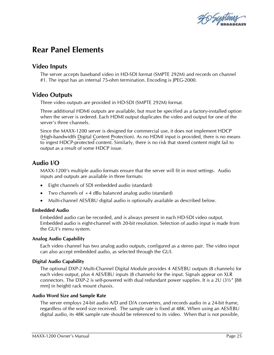 Rear panel elements | 360 Systems 1200HD-EX User Manual | Page 26 / 148
