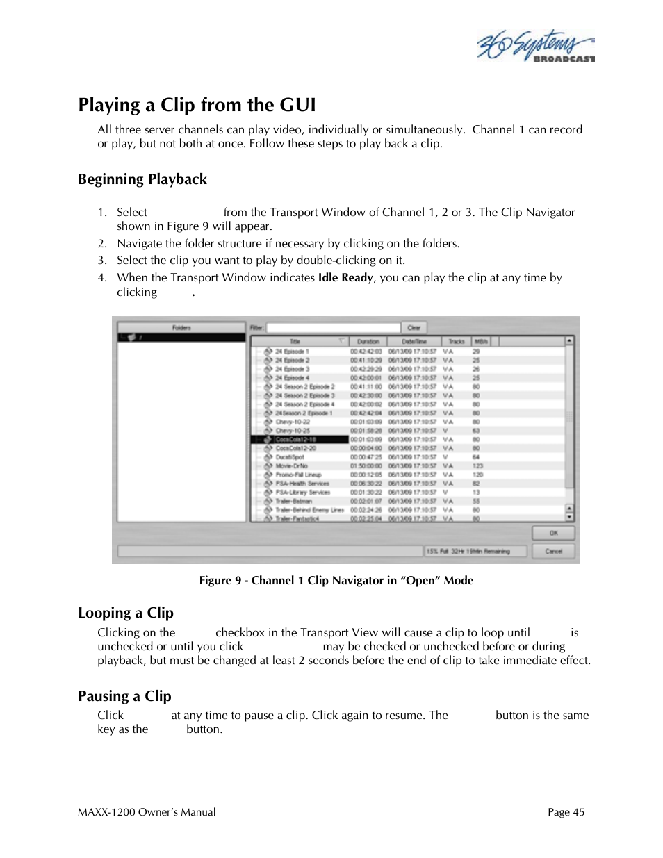 Playing a clip from the gui | 360 Systems 1200HD-EX User Manual | Page 46 / 148