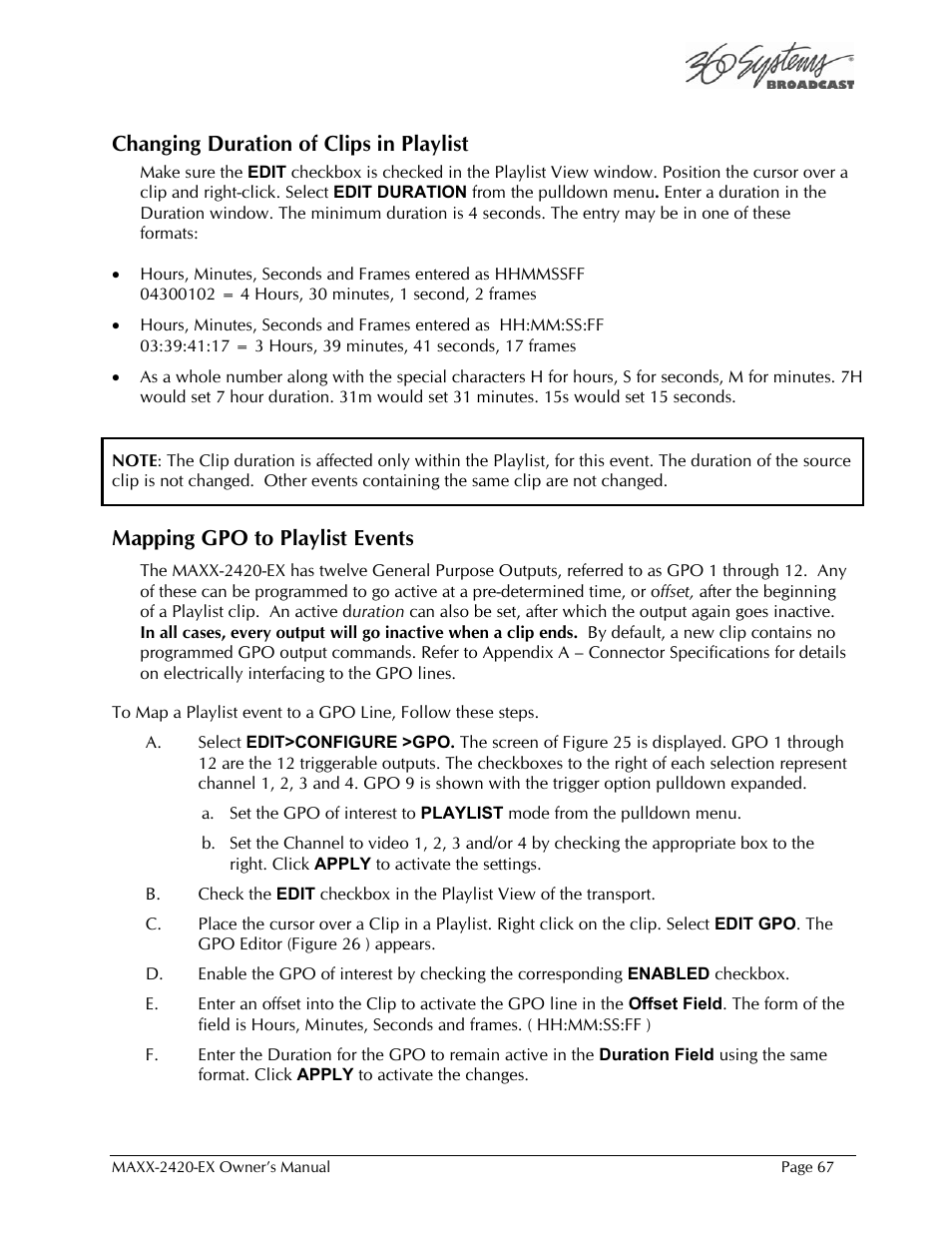Changing duration of clips in playlist, Mapping gpo to playlist events | 360 Systems MAXX-2420EX User Manual | Page 67 / 148