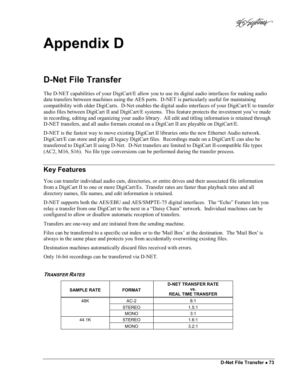 Appendix d, D-net file transfer, Key features | 360 Systems DigiCart/E User Manual | Page 83 / 95