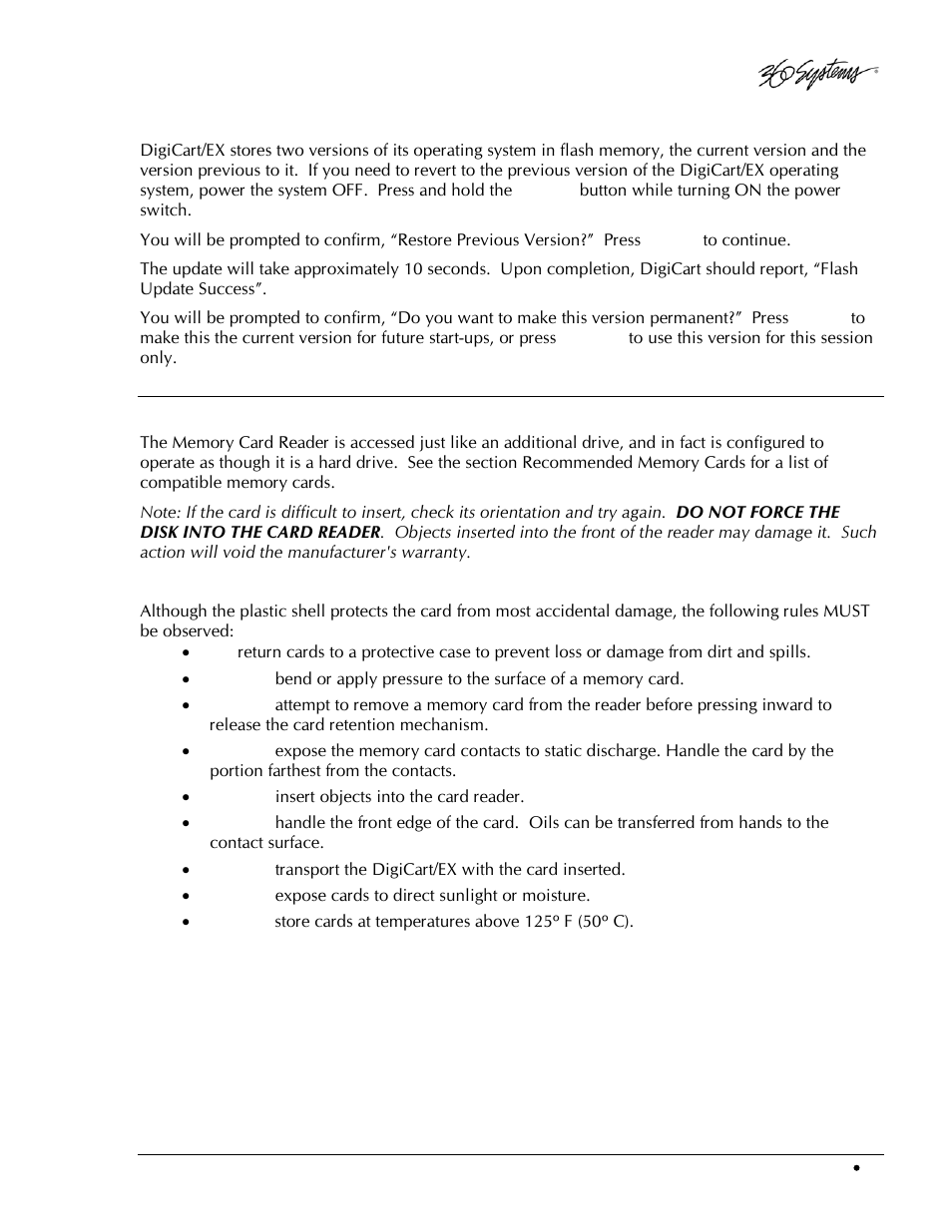 Restoring previous version, Memory cards and card reader, Care and handling of memory cards | 360 Systems DigiCart/EX User Manual | Page 73 / 117