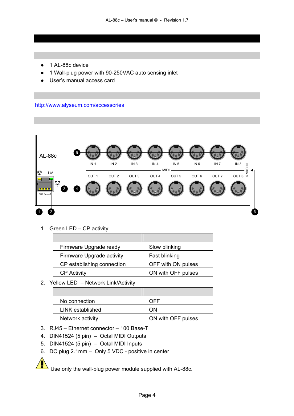 4 hardware al-88c, Alyseum, 1 package content | 2 accessories, 3 panel description | Alyseum AL-88c User Manual | Page 4 / 12