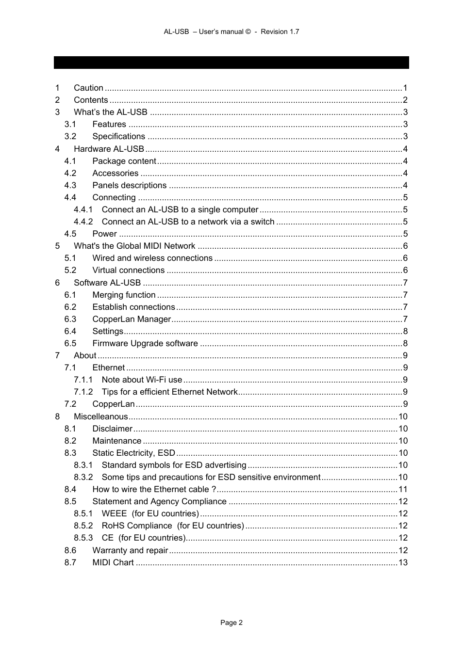 2 contents | Alyseum AL-USB User Manual | Page 2 / 13