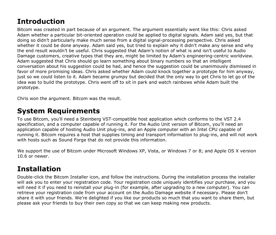 Introduction, System requirements, Installation | Audio Damage Bitcom User Manual | Page 5 / 16