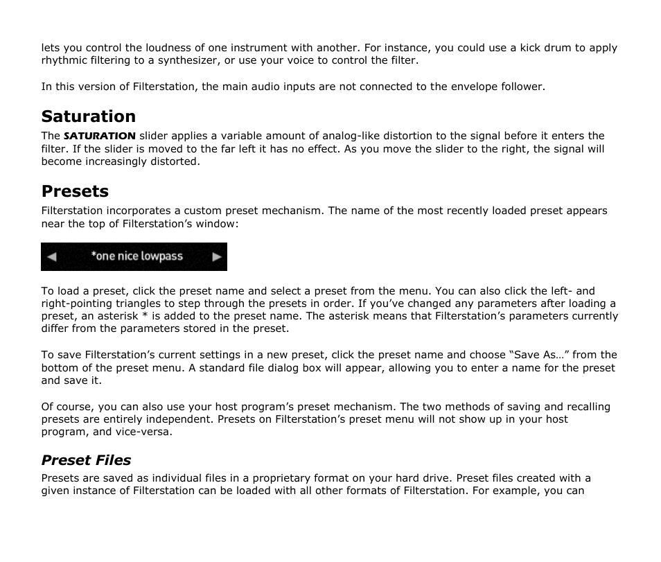 Saturation, Presets, Preset files | Audio Damage Filterstation User Manual | Page 15 / 18