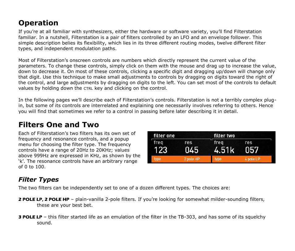 Operation, Filters one and two, Filter types | Audio Damage Filterstation User Manual | Page 8 / 18