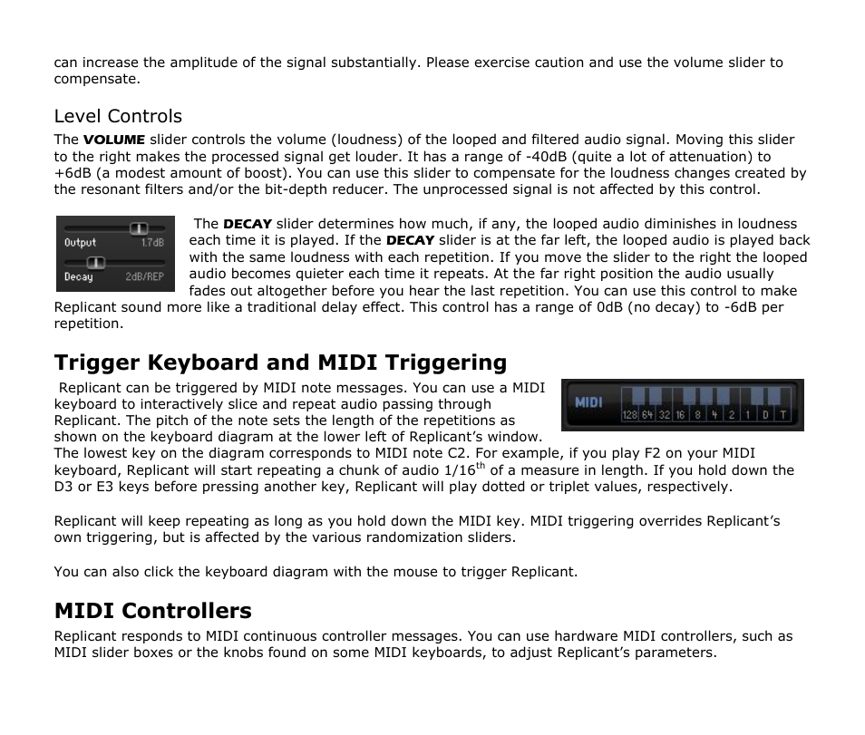 Level controls, Trigger keyboard and midi triggering, Midi controllers | Audio Damage Replicant 1.5 User Manual | Page 16 / 18