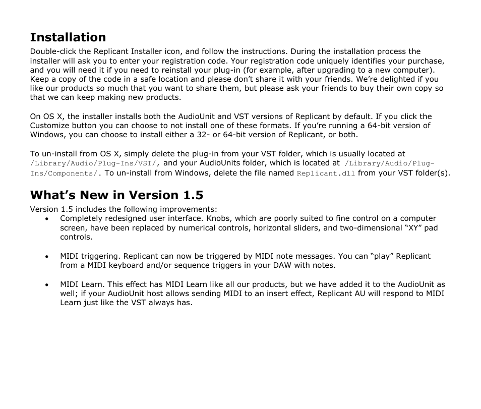 Installation, What’s new in version 1.5 | Audio Damage Replicant 1.5 User Manual | Page 7 / 18