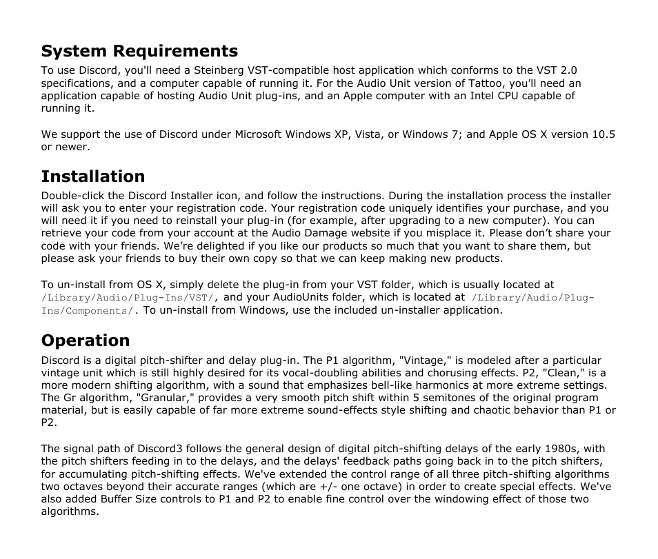 System requirements, Installation, Operation | Audio Damage Discord3 Upgrade User Manual | Page 6 / 16