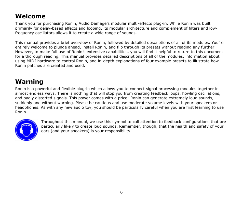 Welcome, Warning | Audio Damage Ronin User Manual | Page 6 / 37