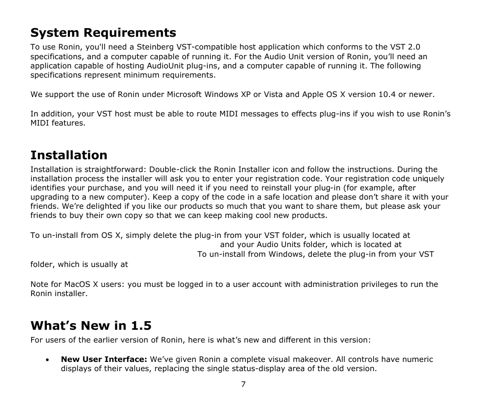 System requirements, Installation, Whats new in 1.5 | What’s new in 1.5 | Audio Damage Ronin User Manual | Page 7 / 37