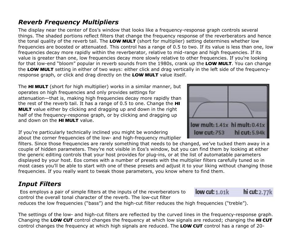 Reverb frequency multipliers, Input filters | Audio Damage Eos User Manual | Page 11 / 14