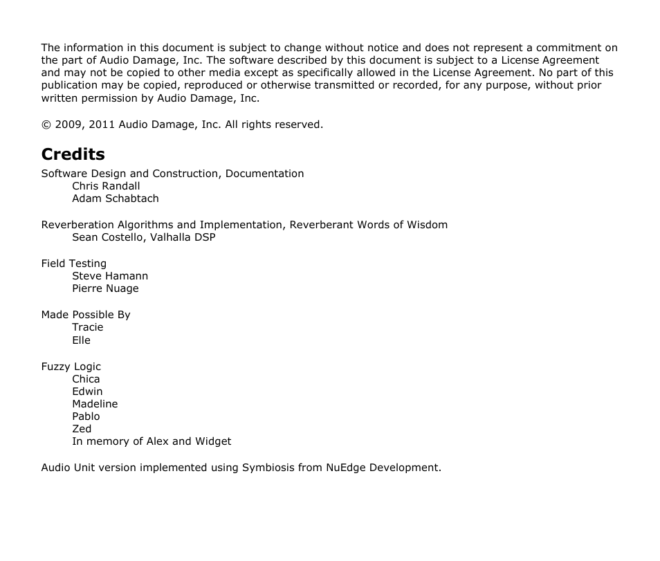 Credits | Audio Damage Eos User Manual | Page 2 / 14