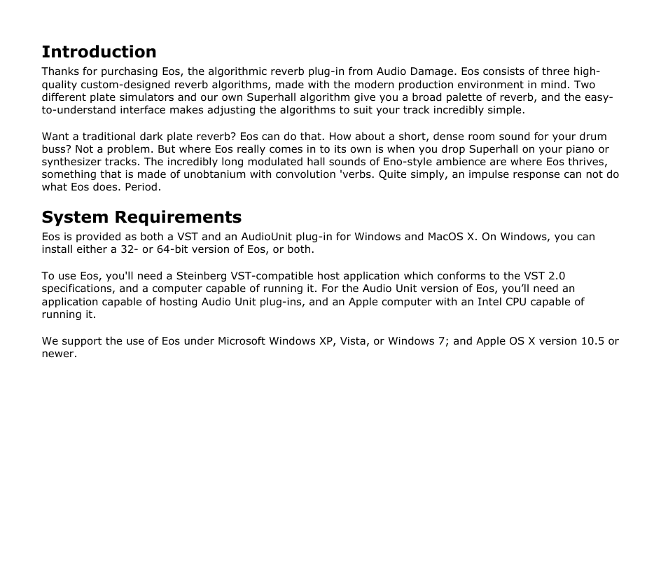 Introduction, System requirements | Audio Damage Eos User Manual | Page 5 / 14