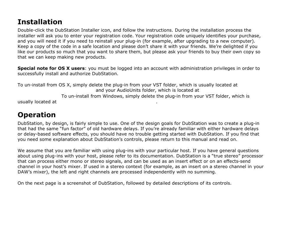 Installation, Operation | Audio Damage DubStation User Manual | Page 7 / 12