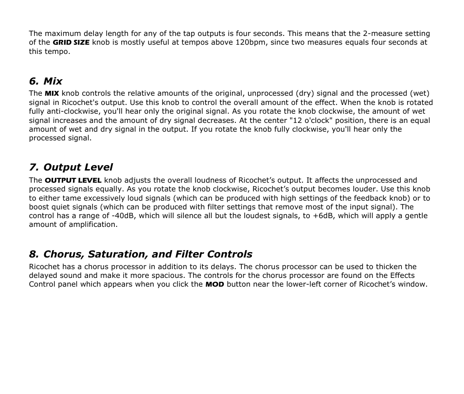 Output level, Chorus, saturation, and filter controls | Audio Damage Ricochet User Manual | Page 14 / 18