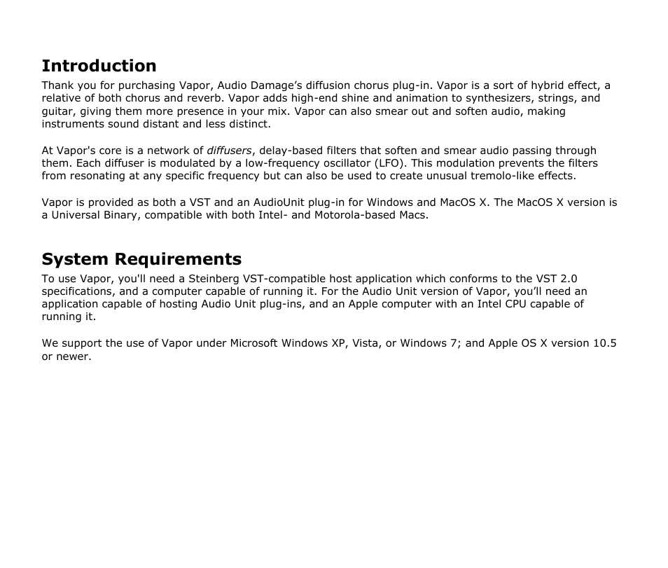 Introduction, System requirements | Audio Damage Vapor User Manual | Page 5 / 11