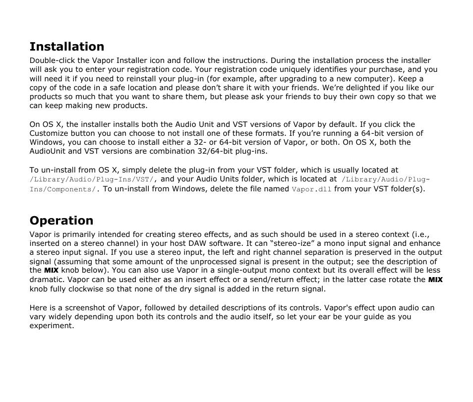 Installation, Operation | Audio Damage Vapor User Manual | Page 6 / 11