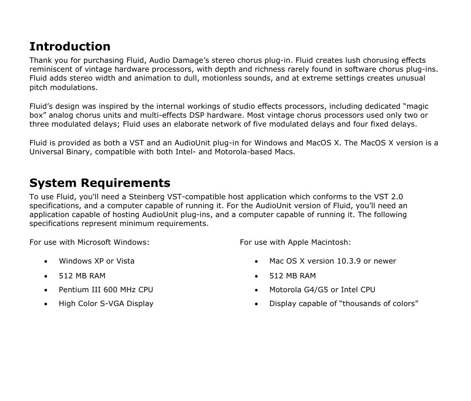 Introduction, System requirements | Audio Damage Fluid User Manual | Page 5 / 11