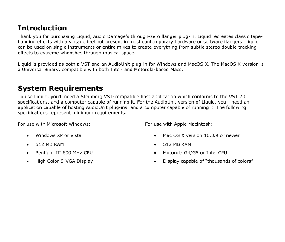 Introduction, System requirements | Audio Damage Liquid User Manual | Page 5 / 13