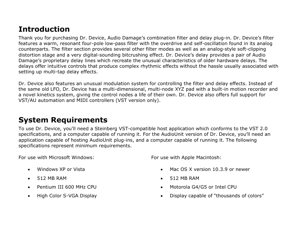 Introduction, System requirements | Audio Damage Dr. Device User Manual | Page 5 / 17