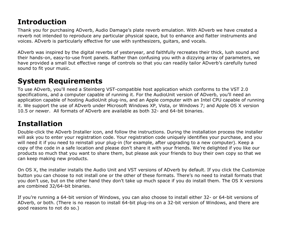 Introduction, System requirements, Installation | Audio Damage ADverb User Manual | Page 5 / 10