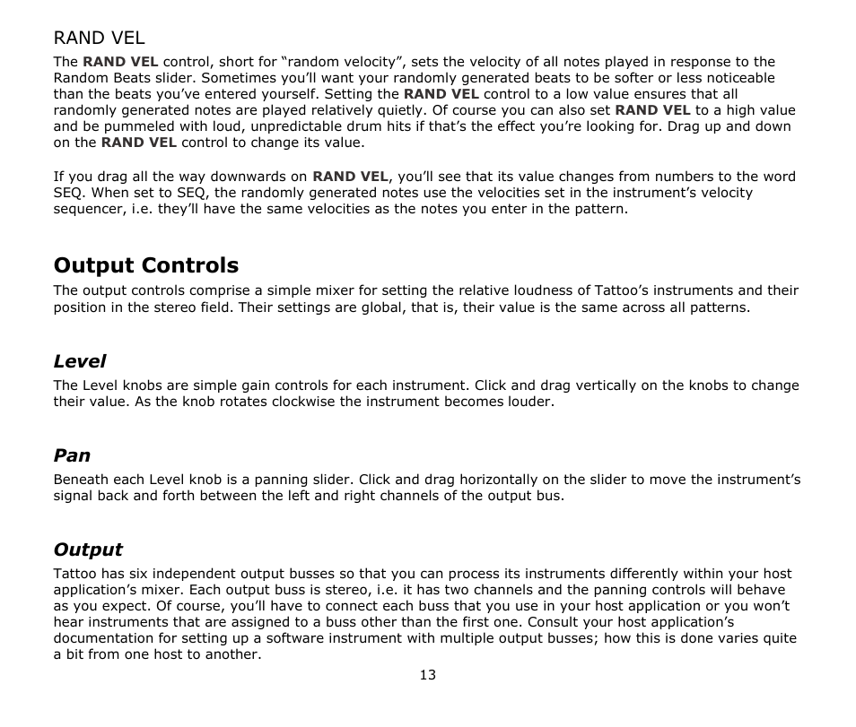 Rand vel, Output controls, Level | Output | Audio Damage Tattoo User Manual | Page 13 / 34