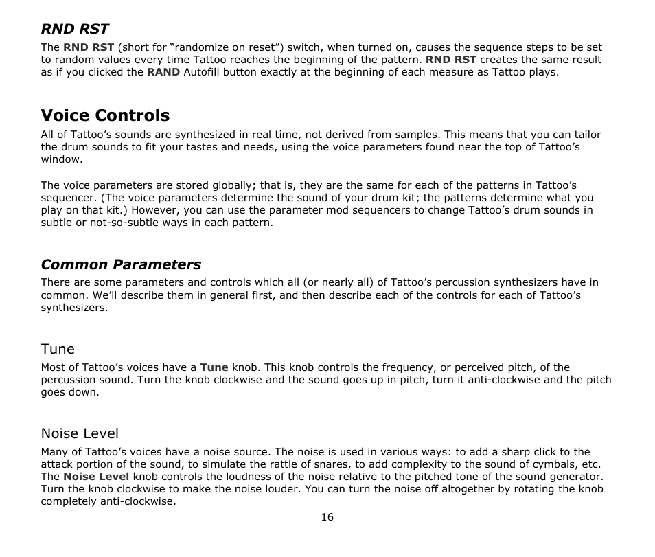 Rnd rst, Voice controls, Common parameters | Tune, Noise level | Audio Damage Tattoo User Manual | Page 16 / 34