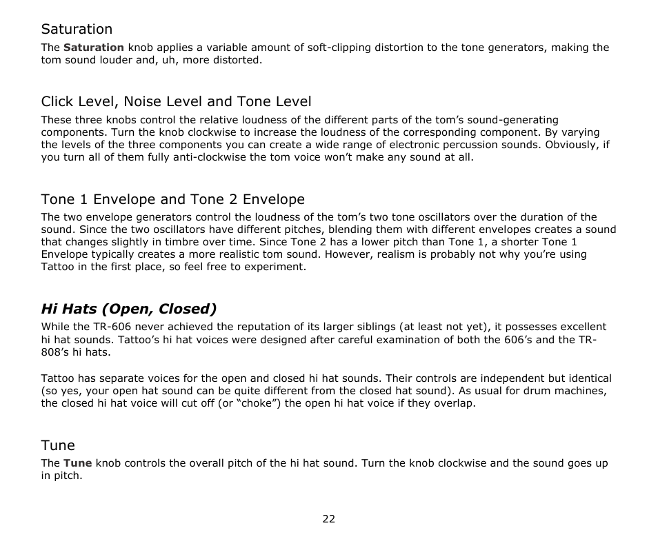 Saturation, Click level, noise level and tone level, Tone 1 envelope and tone 2 envelope | Hi hats (open, closed), Tune | Audio Damage Tattoo User Manual | Page 22 / 34