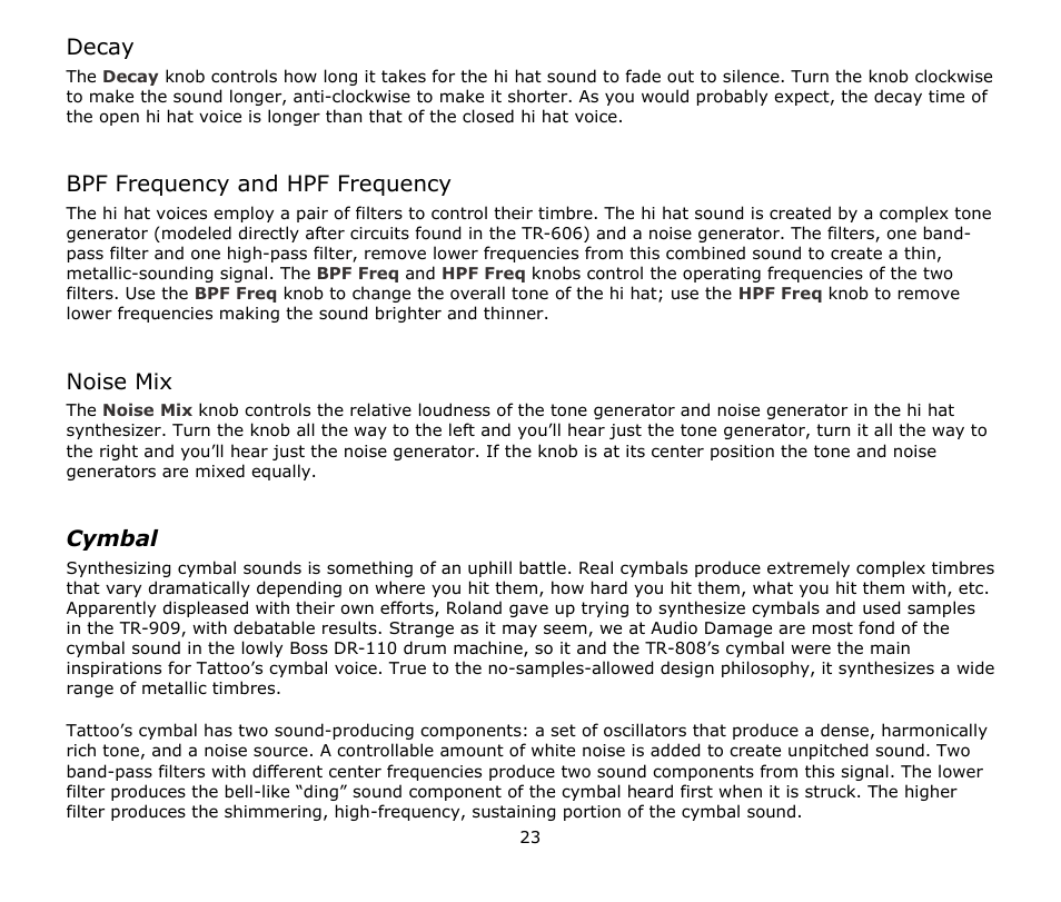 Decay, Bpf frequency and hpf frequency, Noise mix | Cymbal | Audio Damage Tattoo User Manual | Page 23 / 34