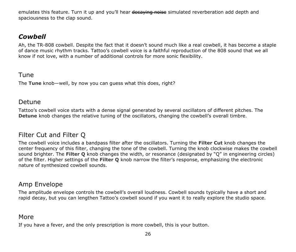 Cowbell, Tune, Detune | Filter cut and filter q, Amp envelope, More | Audio Damage Tattoo User Manual | Page 26 / 34