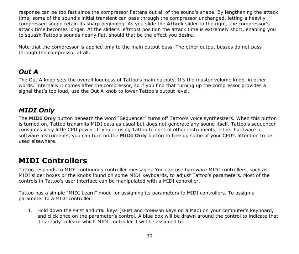 Out a, Midi only, Midi controllers | Audio Damage Tattoo User Manual | Page 30 / 34
