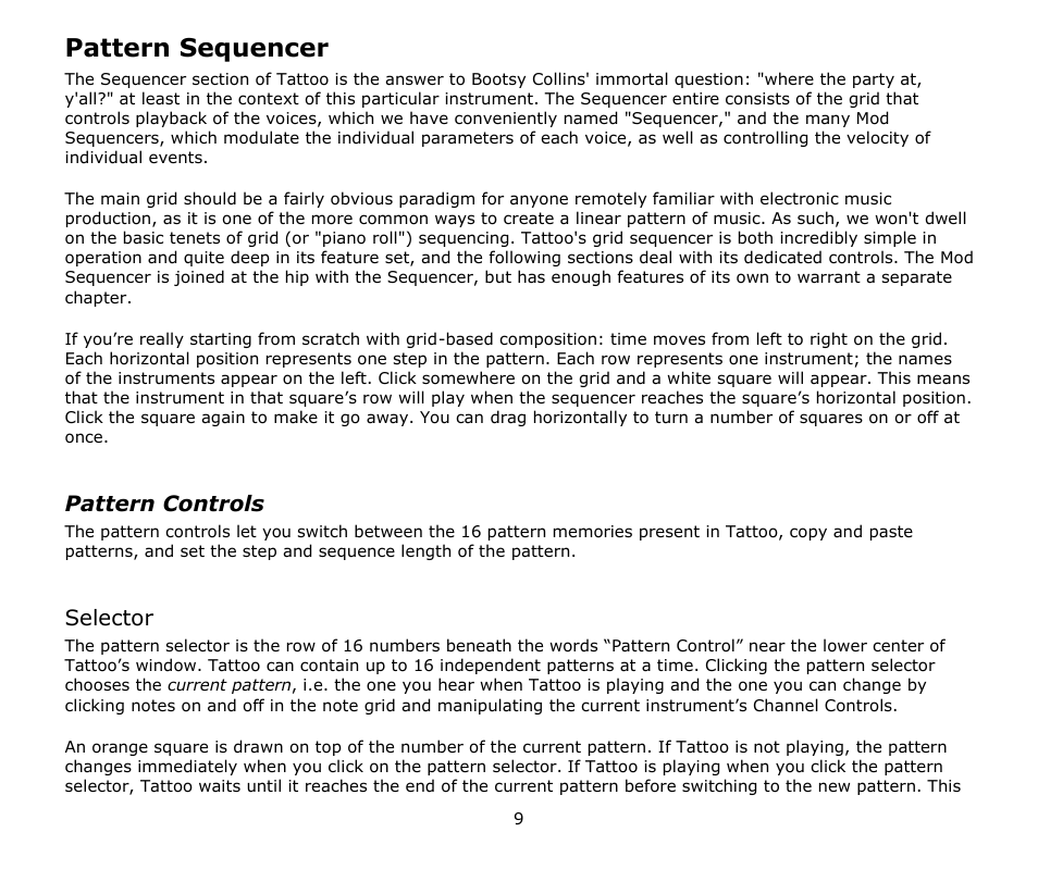 Pattern sequencer, Pattern controls, Selector | Audio Damage Tattoo User Manual | Page 9 / 34
