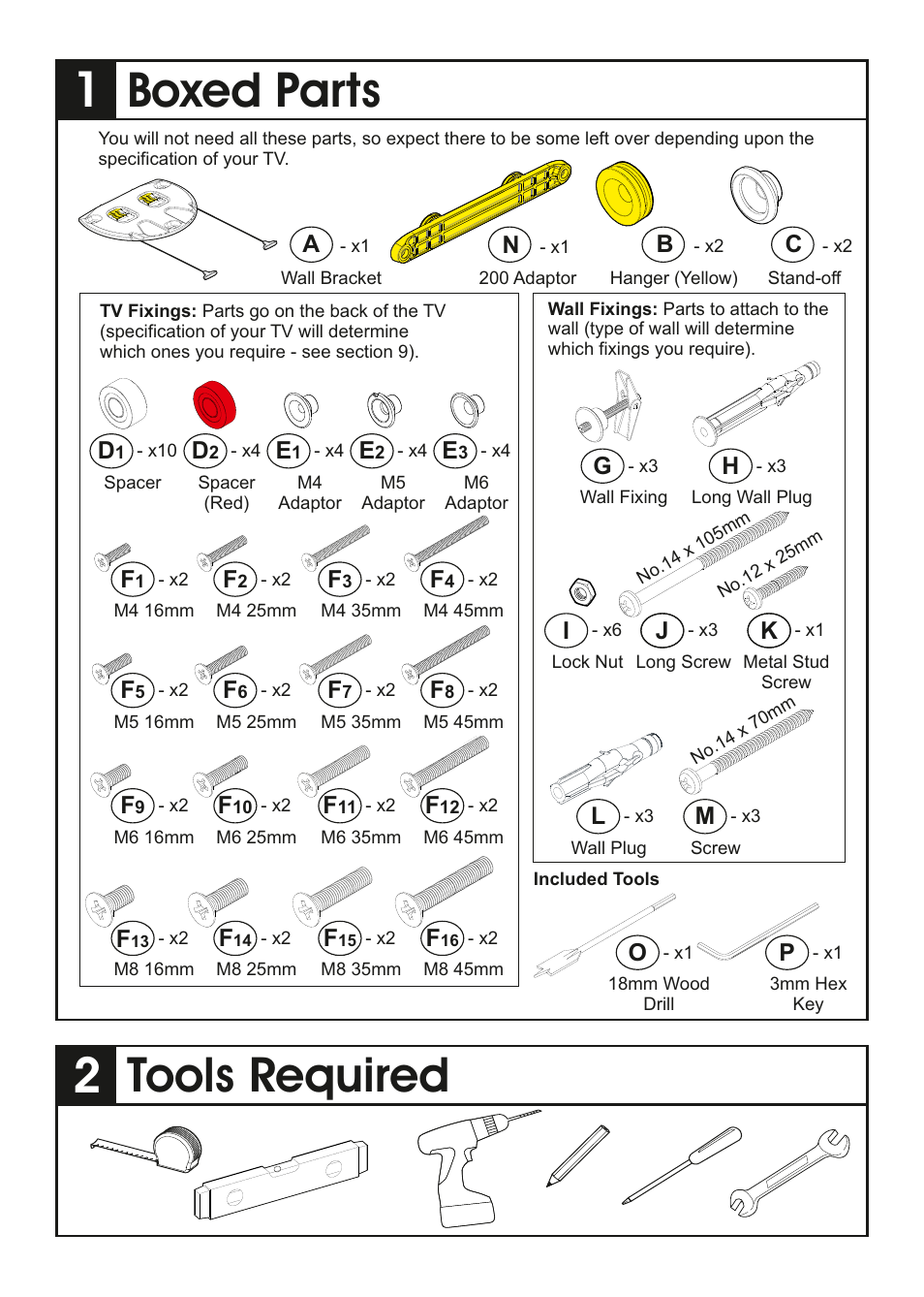 Boxed parts, Tools required, Gh i | Jk l | AVF Group YML2500: ANY WALL TV Mount User Manual | Page 2 / 8