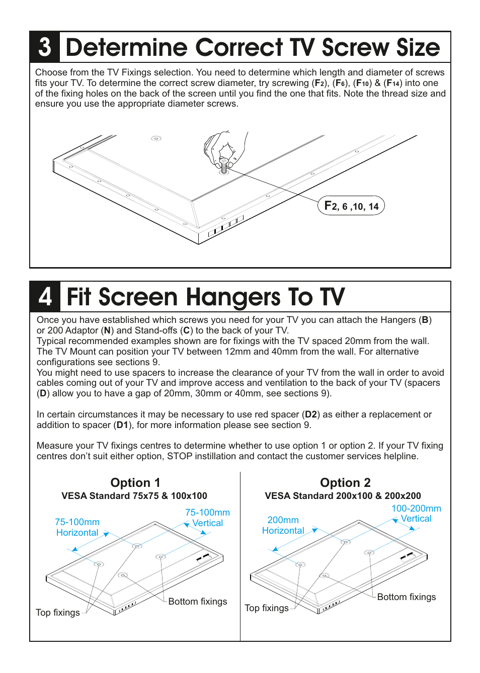Determine correct tv screw size, Fit screen hangers to tv | AVF Group YML2500: ANY WALL TV Mount User Manual | Page 3 / 8