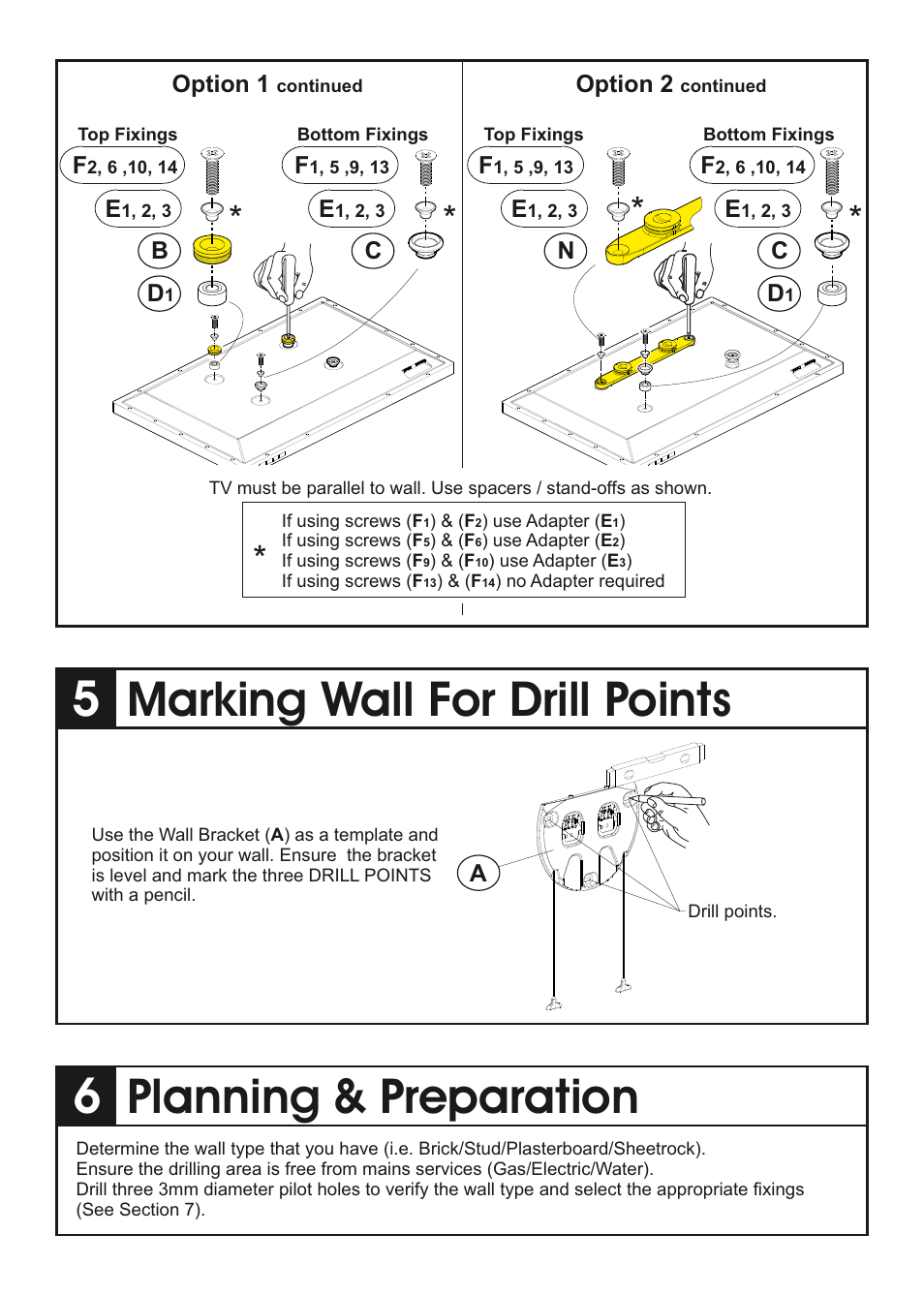 Marking wall for drill points, Planning & preparation | AVF Group YML2500: ANY WALL TV Mount User Manual | Page 4 / 8