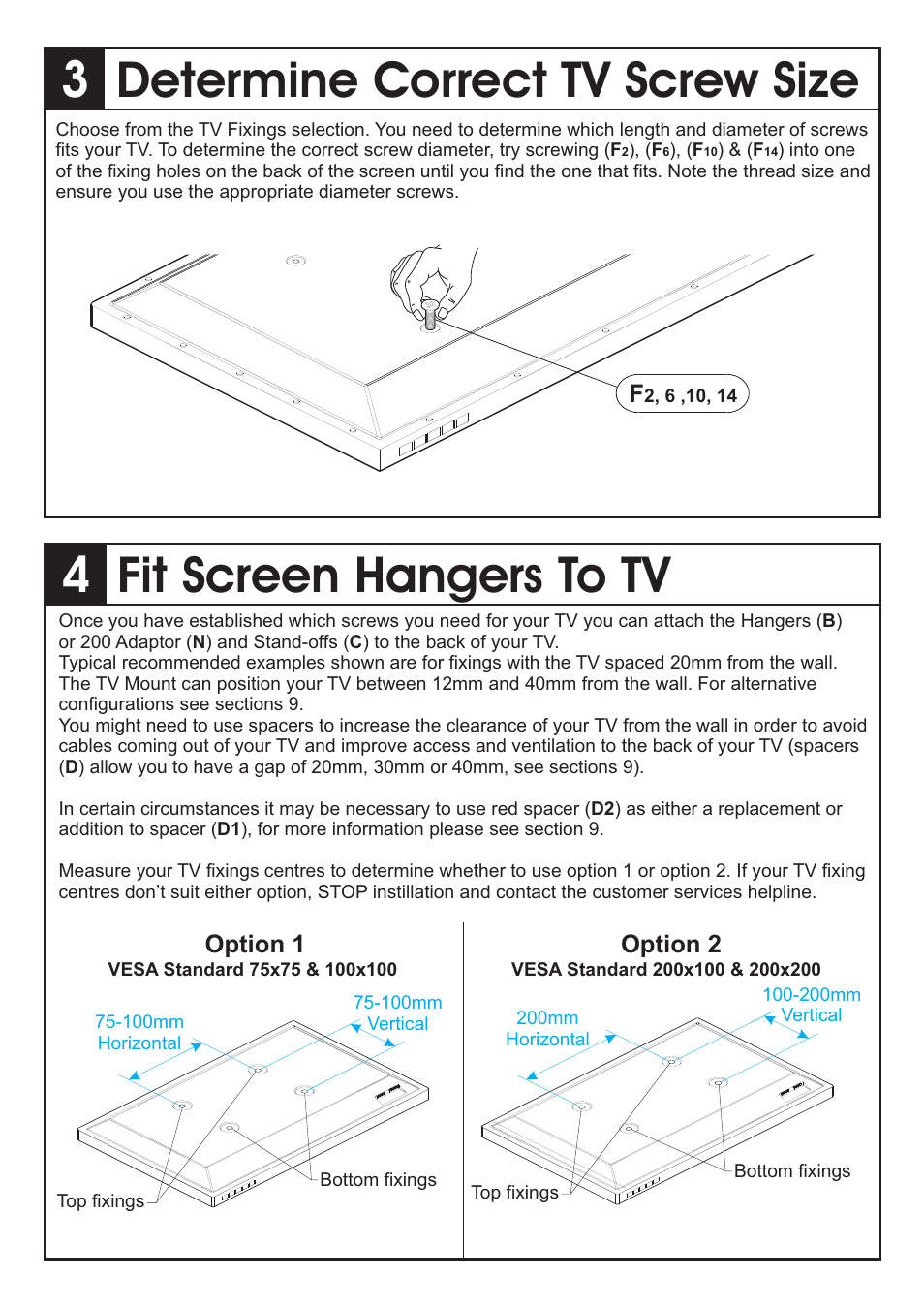 Determine correct tv screw size, Fit screen hangers to tv | AVF Group ZML2500: Unimax Any Wall TV Mount User Manual | Page 3 / 8
